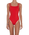 Versace Square-neck Greca-strap One-piece Swimsuit In Red