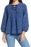 MADEWELL INDIGO FLORAL QUILTED TIE FRONT BIB TOP,NB613