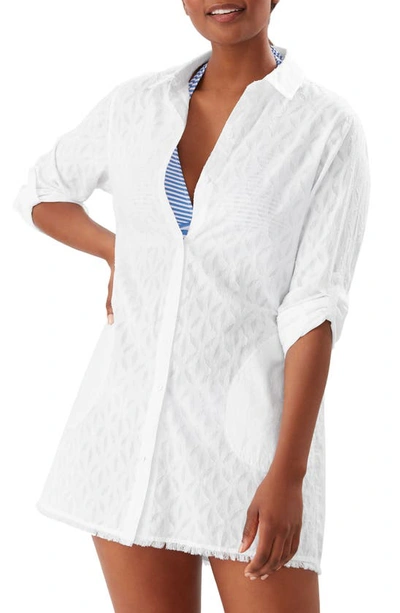 Tommy Bahama Cotton Clip Jacquard Boyfriend Cover-up Shirt In White