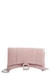 Balenciaga Hourglass Croc Embossed Leather Wallet On A Chain In Powder Pink