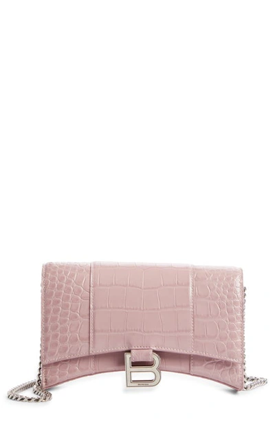 Balenciaga Hourglass Croc Embossed Leather Wallet On A Chain In Powder Pink