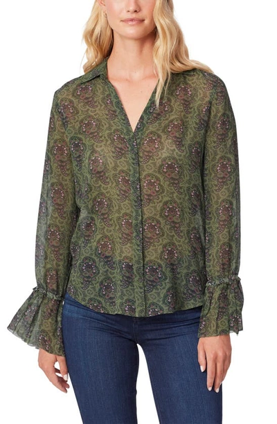 Paige Abriana Floral Print Long Sleeve Silk Shirt In Army Green Multi
