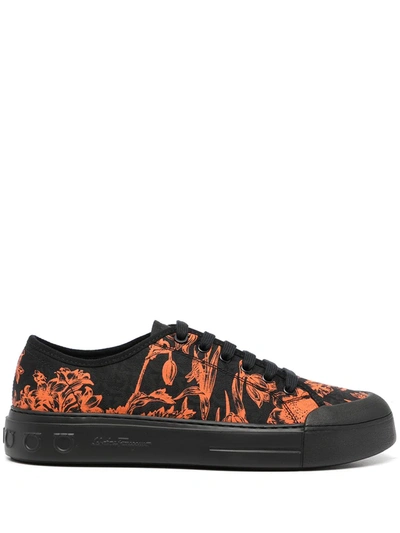 Ferragamo Mens Black/satsuma Rebel Printed Low Top Sneakers, Brand Size 8