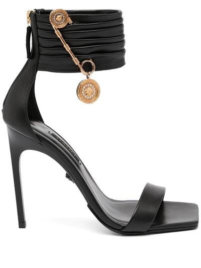 Versace Women's Safety Pin Ankle-cuff Leather Sandals In Black