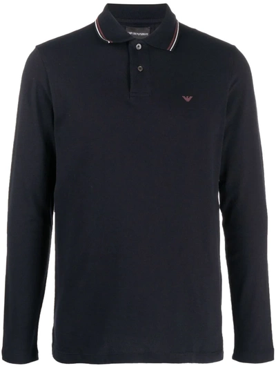 Emporio Armani Blue Long Sleeve Polo Shirt With Logo Embroidery In Stretch Cotton Man In Black