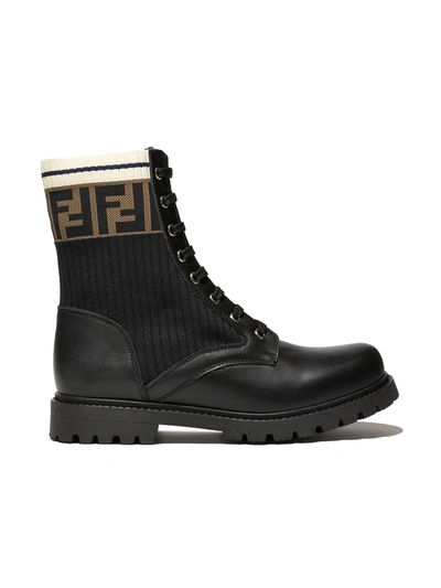 Fendi Kids' Ff Lace-up Boots In Black