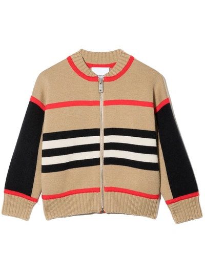 Burberry Babies' Icon Stripe Zip-up Cardigan In Brown