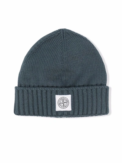 Stone Island Junior Kids' Knit Logo Patch Beanie In Green