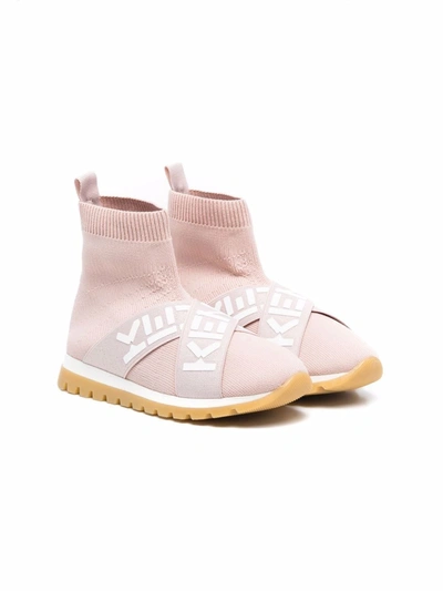 Kenzo Kids' Flyknit Logo Strap High-top Trainers In Pink