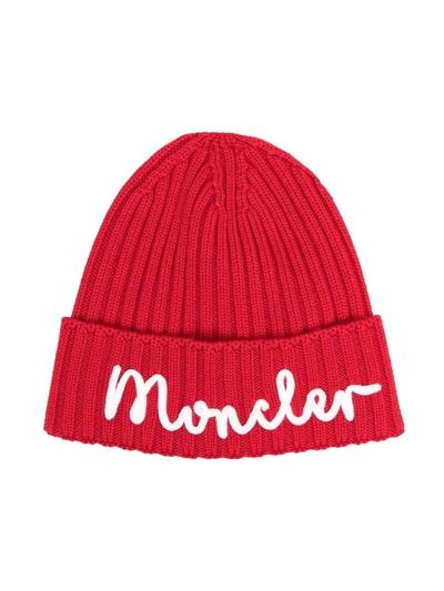 Moncler Embroidered-logo Ribbed-knit Hat In Red