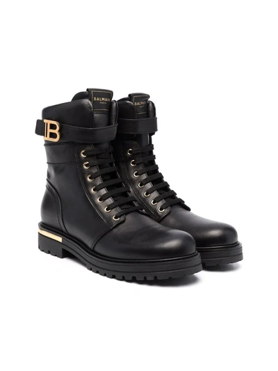 Balmain Kids' B Buckle Leather Boots In Black