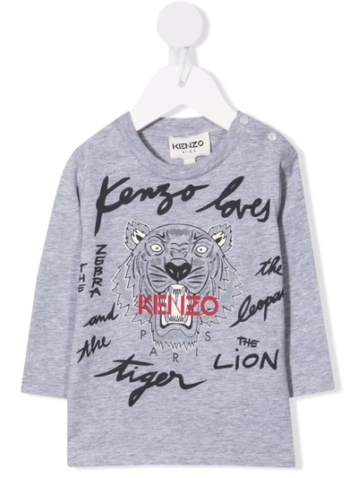 Kenzo Babies' Tiger Head-motif Cotton T-shirt In 灰色