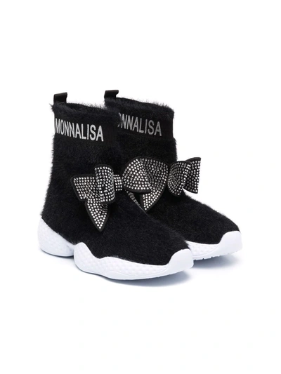 Monnalisa Kids' Rhinestone-embellished Bow-detail Boots In Black