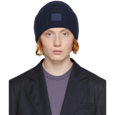 Acne Black Beanie with Blue Patch Acne Studios Beanie With Logo Patch - Navy Blue | Editorialist main image 4