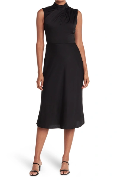 Milly Finlee Mock Neck Sleeveless Silk Blend Midi Dress In Black