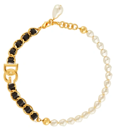 Dolce & Gabbana Faux Pearl And Leather-trimmed Chain Bracelet In Gold