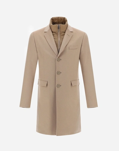 Herno Cashmere Coat With Nylon Ultralight Bib In Camel