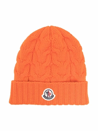 Moncler Kids' Logo-patch Cable-knit Beanie In Orange