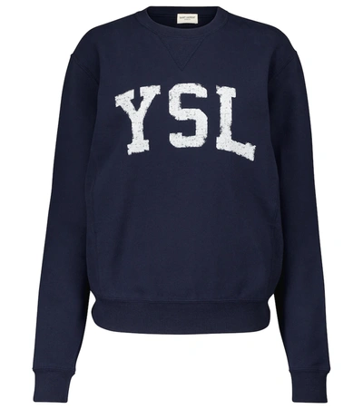 Saint Laurent Womens Bleu Marine Logo-print Round-neck Cotton-jersey Sweatshirt S In Blue