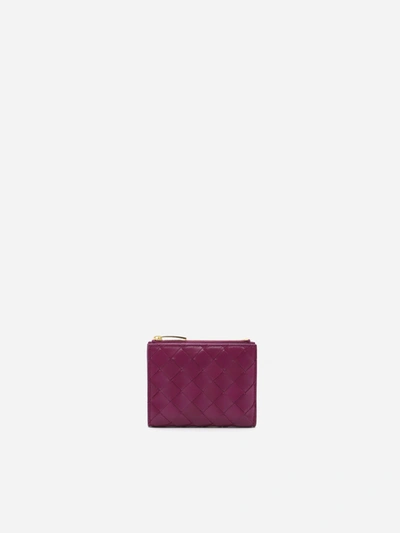 Bottega Veneta Leather Card Holder With Woven Pattern In Cinnabar