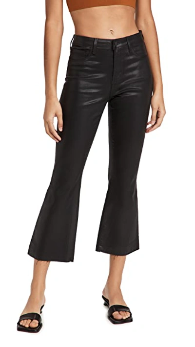 L Agence Kendra Frayed Cropped Coated High-rise Flared Jeans In Noir