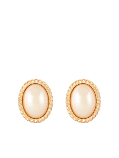 Pre-owned Dior 1980s  Pearl-embellished Oval Clip-on Earrings In Gold