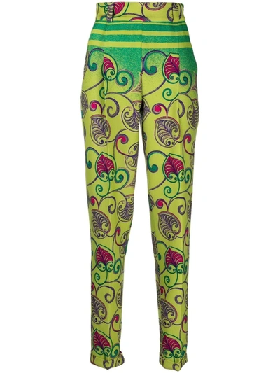 Pre-owned Versace Graphic Leaf-print High-waisted Trousers In Green