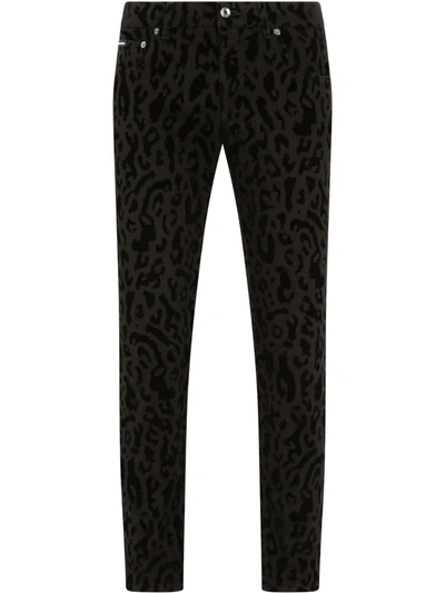Dolce & Gabbana Leopard-print Flocked Skinny Jeans In Black
