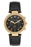 Michael Michael Kors Parker Chronograph Leather Strap Watch, 39mm In Black
