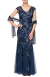 Alex Evenings Embellished-lace Embroidered Illusion Gown & Shawl In Navy