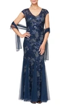 Alex Evenings Embellished-lace Embroidered Illusion Gown & Shawl In Blue