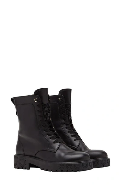 Ferragamo Chopper Lug-sole Leather Combat Boots In Black