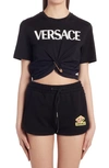 VERSACE MEDUSA SMILEY SAFETY PIN COTTON CROP GRAPHIC TEE,10010071A01873