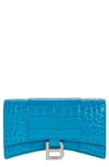 Balenciaga Hourglass Croc Embossed Leather Wallet On A Chain In Turquoise