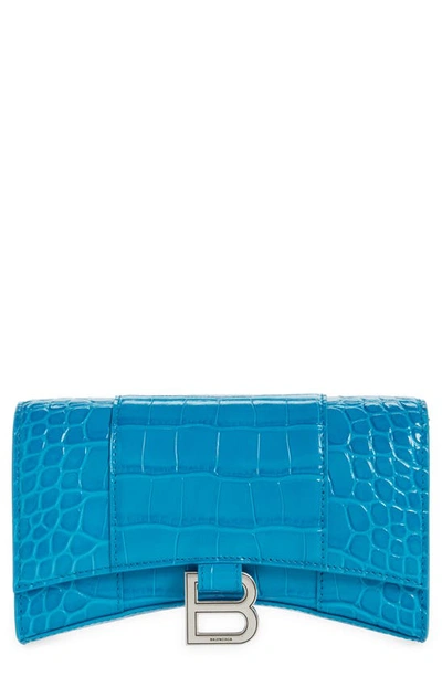 Balenciaga Hourglass Croc Embossed Leather Wallet On A Chain In Turquoise