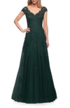 La Femme Cascading Embellishment Short Sleeve Lace Gown In Dark Emerald