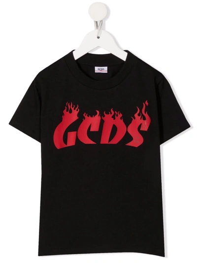 Gcds Teen Flame Logo-print Cotton T-shirt In 黑色