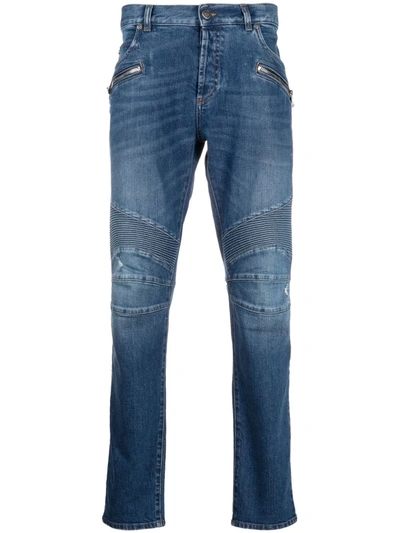 Balmain Tapered Ripped Blue Cotton Jeans In Bleu Jean Brut