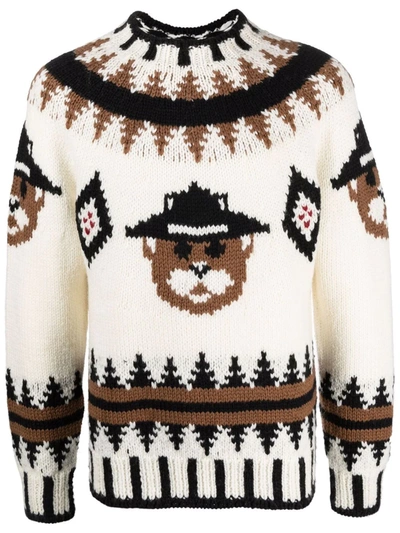 Dsquared2 Bear-intarsia Crewneck Sweater In Ivory