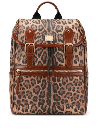 Dolce & Gabbana Leopard Print Leather Backpack In Brown