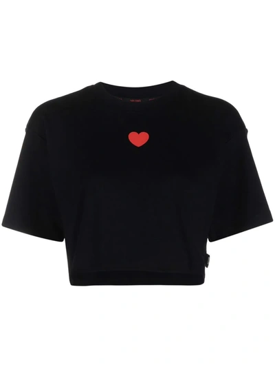 Gcds Heart-print Cropped T-shirt In Black