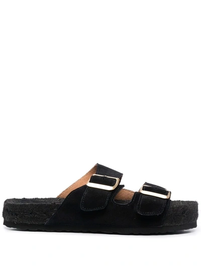 Manebi Leather Buckled Slides In Black