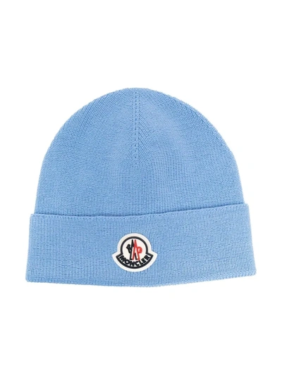 Moncler Kids' Logo Wool Blend Beanie Hat In Blue