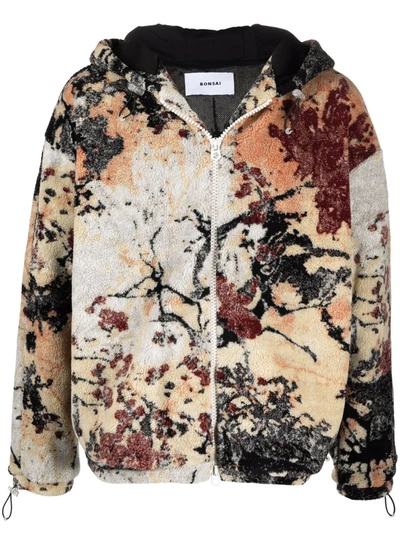 Bonsai Multicolor Autumn Leaves Fleece Hooded Jacket In Beige
