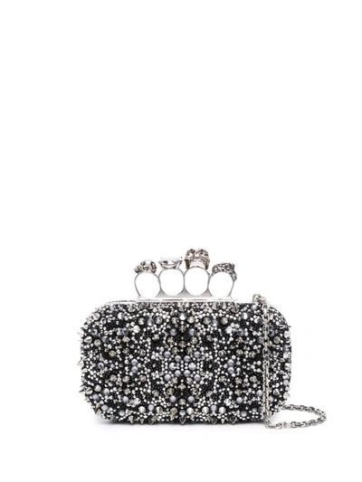 Alexander Mcqueen Four Ring Embellished Suede Clutch In Black