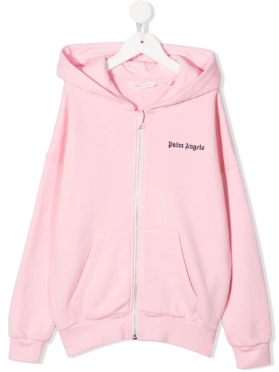 Palm Angels Kids Pink Hoodie With Zip And Contrasting Logo In Fuchsia
