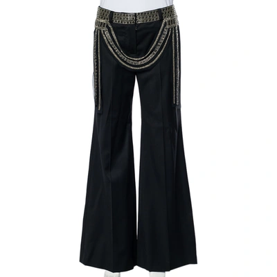 Pre-owned Chloé Vintage Black Wool Embellished Waist Detail Wide Leg Pants M