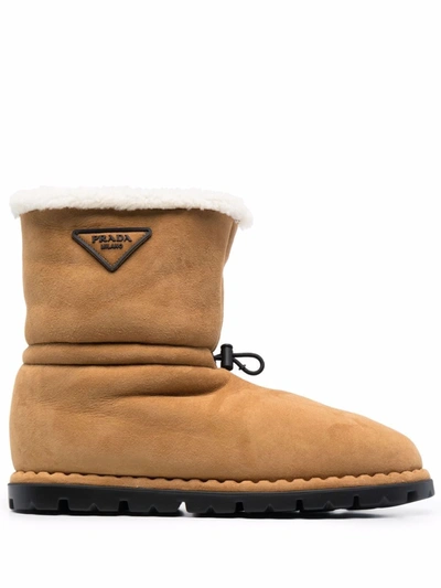 Prada Shearling Drawstring Boots In Brown