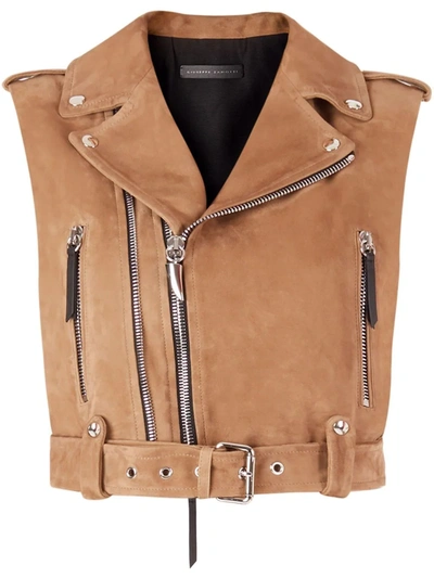 Giuseppe Zanotti Sleeveless Cropped Suede Biker Jacket In Beige