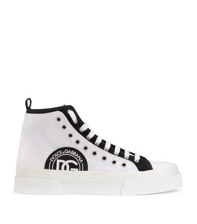 Dolce & Gabbana Two-tone Canvas Portofino Light Mid-top Sneakers With Dg Logo In White,black